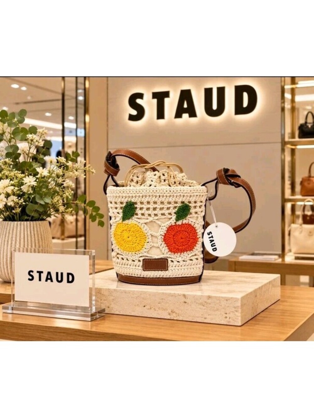 Staud Anita Fruit Leather/Crochet Bucket Bag NWT $395